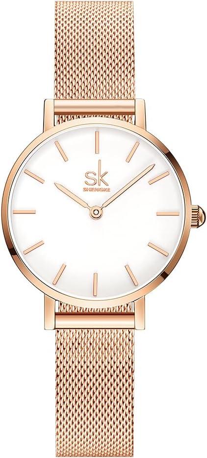 SHENGKE SK Ultra Thin Minialist Women Watches Simple Two Hands Ladies Dress Watch Leather Strap (Rosegold-Mesh)
