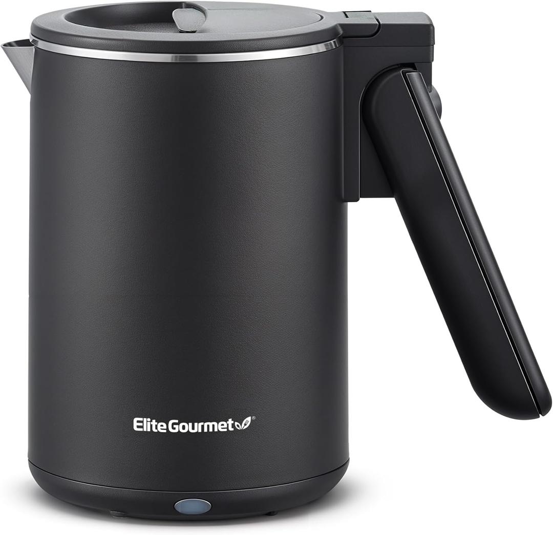 Elite Gourmet Dual Voltage 120-230V, Travel Double Wall Insulated Cool-Touch, 0.6L Electric Kettle Stainless Steel Interior, Hinged-Locking Lid, Auto Shut-Off, Boil Dry Protection, Black