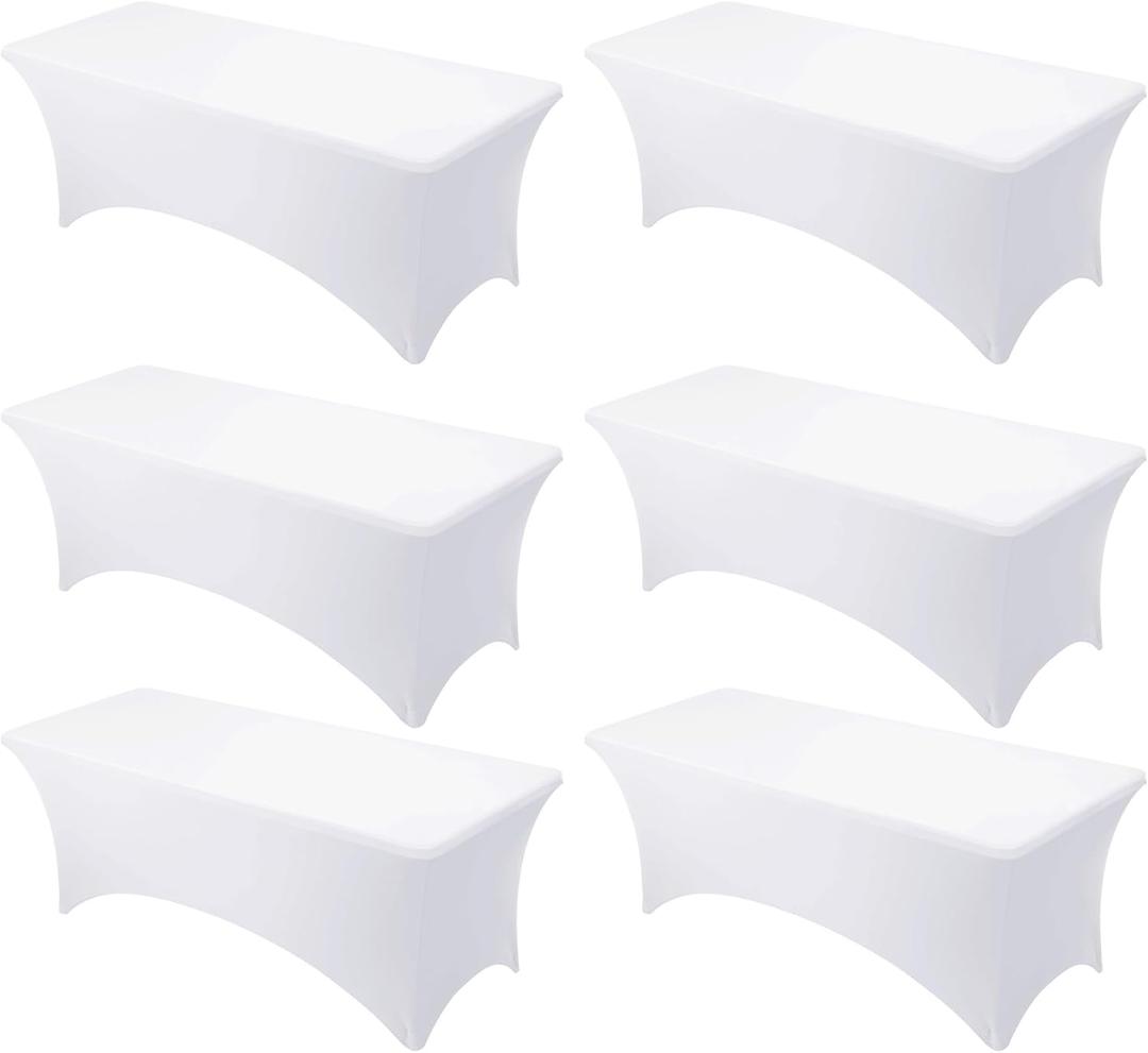 6-Pack Premium White Spandex Tablecloths for 8ft Rectangle Tables, Stain & Wrinkle-Resistant, Washable Stretch Polyester Fitted Table Cover for Weddings, Banquets, Trade Shows Events
