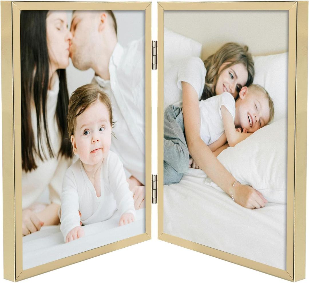 Golden State Art, Light Gold 6x8 Hinged Double Metal Frame - Floating Effect for 5x7, 4x6 or any Smaller Photos with Real Glass for Protection - Elegant Desktop Decor for Home or Office
