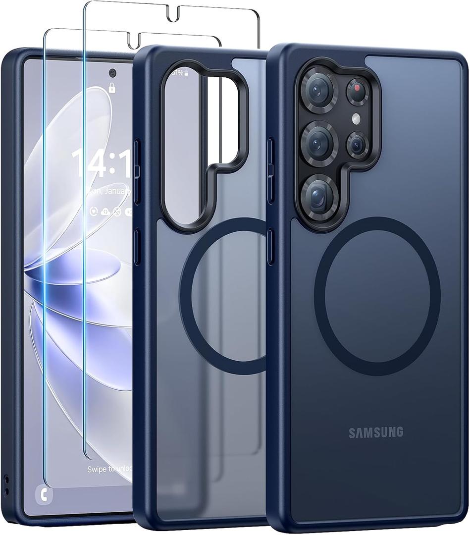 Meifigno Magnetic Case Designed for Samsung Galaxy S25 Ultra 6.9, [Compatible with MagSafe][2X Screen Protectors][Mil-Grade Drop Protection], Translucent Matte Back, Case for Galaxy S25 Ultra, Blue