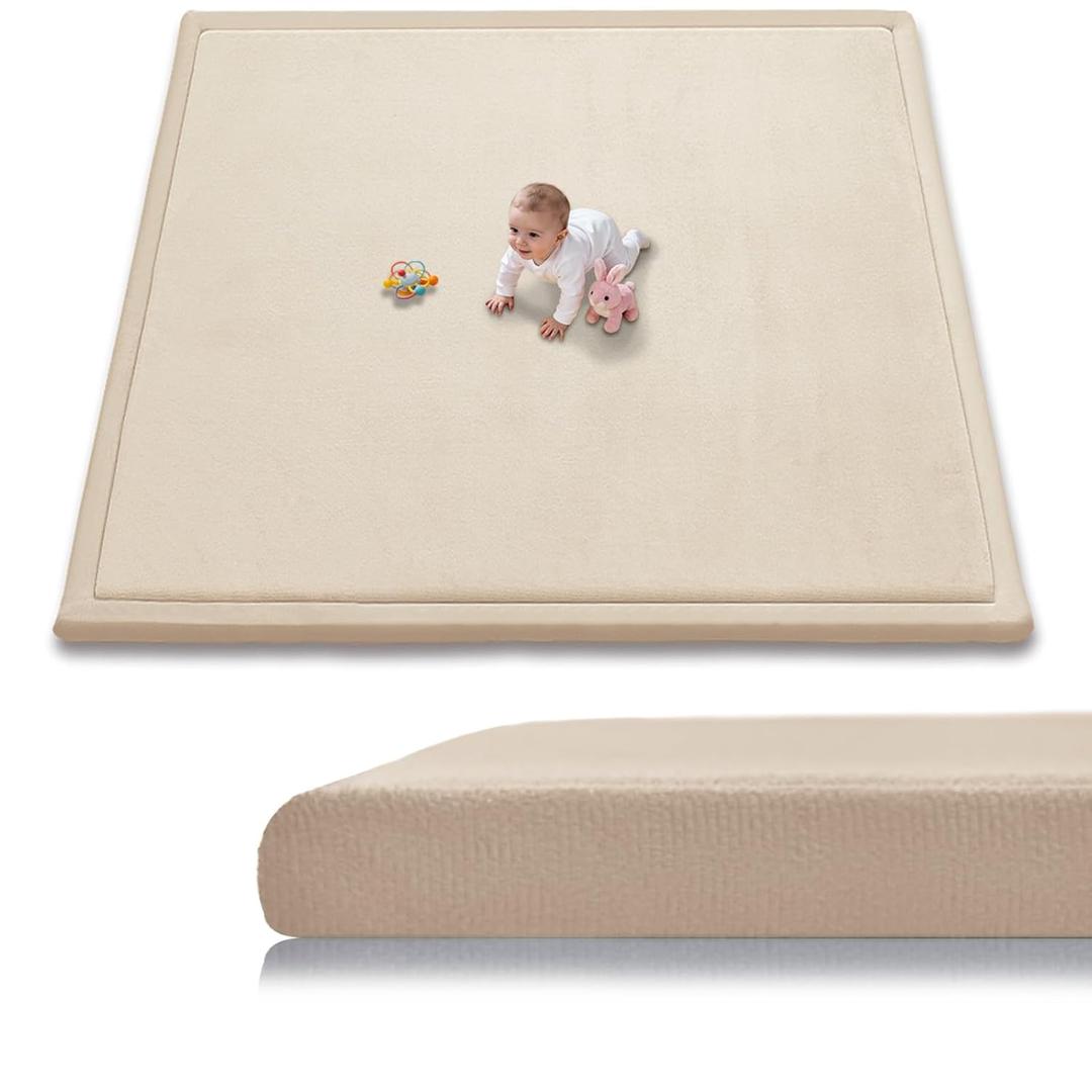 Baby Play Mat for Floor, 79'' x 79'' Thicken Foam Soft Padded Playmat for Tummy Time, Playpen Mat for Toddlers Infant Kids, Water-Repellent Coral Velvet, Non-Slip Bottom Safe for Crawling (Brown)