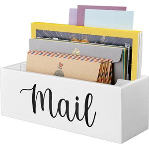 DRASTAR Mail Organizer, Mail Holder with 2 Slots, White Mail Basket for Wall Mount, Wooden Desk Mail Organizer, Envelope Holder for Home Office Decor