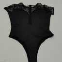 Women's Black Lace Bodysuit – Elegant One-Piece Lingerie with Cap Sleeves and Sheer Mesh Details – Stretchy, Comfortable Fit – Perfect for Layering or Intimate Wear, Size M 
