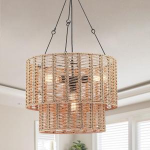 4-Light Rattan Pendant Lights,Boho Light Fixtures,Farmhouse Drum Chandelier with 2-Tier Natural Rattan Shades,Adjustable Ceiling Hanging Lamp for Kitchen Island Bedroom Dining Room,Dia.19.6''