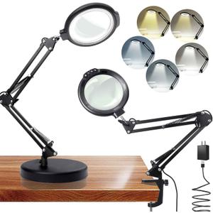 12X Large Magnifying Glass with Light and Stand, 5.2 Inch Magnifier with 5 Color Modes Stepless Dimmable, Hands Free Magnifying Glass Desk Lamp for Reading Crafts Repair Close Work, Black