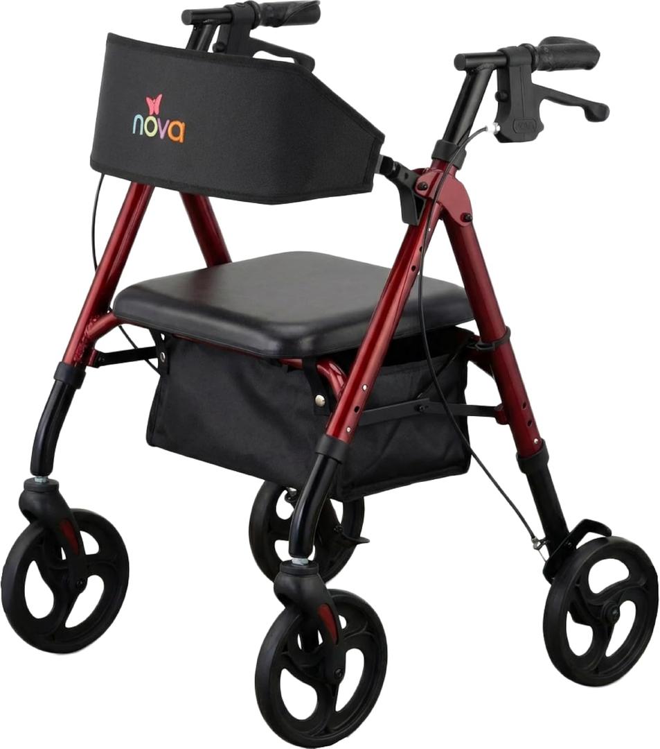 NOVA Star 8 Petite Foldable Rollator Walker - Lightweight 18 lb Aluminum Frame, 8” Wheels, Adjustable Height, Padded Seat & Backrest, for Petite Adults (4’10” - 5’4”), 300 lb Capacity, Red