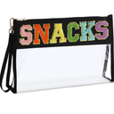 Remerry Clear Chenille Letter Makeup Bag Stand up Snack Bags Preppy Cosmetic Pouch Expandable Clear Travel with Wrist Strap Zipper Portable Multipurpose PVC Nylon for Women Travel(Black,Snack)