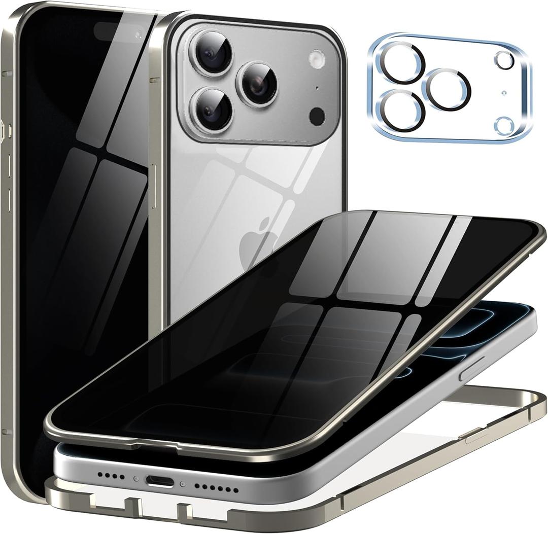 Metal Titanium Privacy Case for iPhone 17 Pro Max, Built-in Privacy Screen Protector & Camera Lens Protector, Magnetic Adsorption Double Sided Tempered Glass Anti Peep Anti Spy Cover for Men Women
