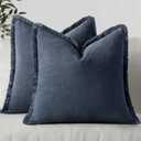 MIULEE Decorative Throw Pillow Covers Neutral Linen Fringe Throw Pillows Set of 2 Indigo Blue Boho Farmhouse Cushion Covers Coastal Decor for Couch Sofa Bed Living Room Spring Decor 20x20 Inch