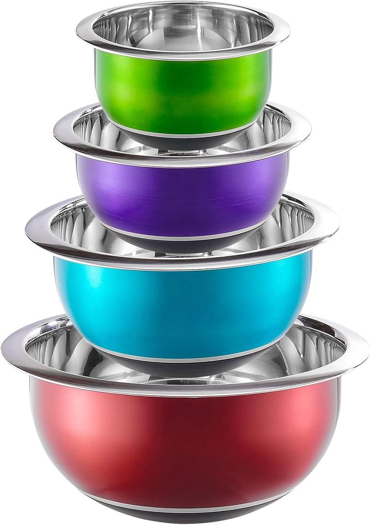 Colorful Mixing Bowl- 4 Pc Set- Stackable Nesting Bowls- Stainless Steel Mixing Bowls Non Slip Silicone Bottom- Cookware Set, 8 quarts