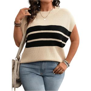 WDIRARA Women's Plus Size Striped Print Cap Sleeve Sweater Top Round Neck Loose Fit Casual Tops (XL)