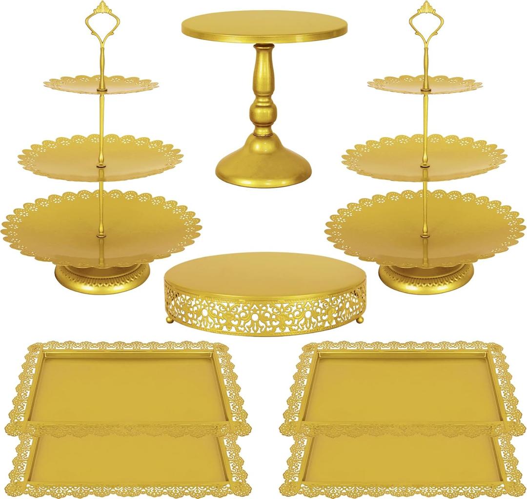 Fivenl 8 Pcs Cake Stand Gold Metal Dessert Table Display Set, 3-Tier Cupcake Stand, Cake Display Tower and Cookie Tray Rack Serving Tray for Birthday Party, Weddings, Baby Shower (Gold)