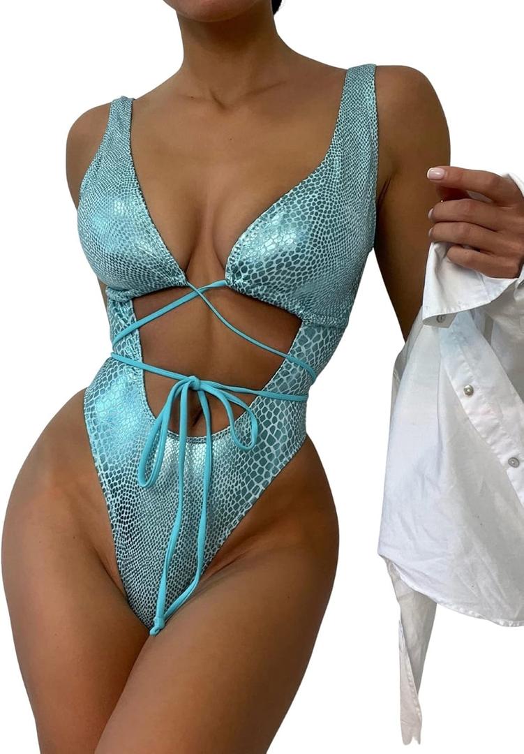 Women's Metallic Snakeskin One Piece Swimsuits Rave Outfit Bathing Suits (Blue) Women's Metallic Snakeskin One Piece Swimsuits Rave Outfit Bathing Suits (Blue)