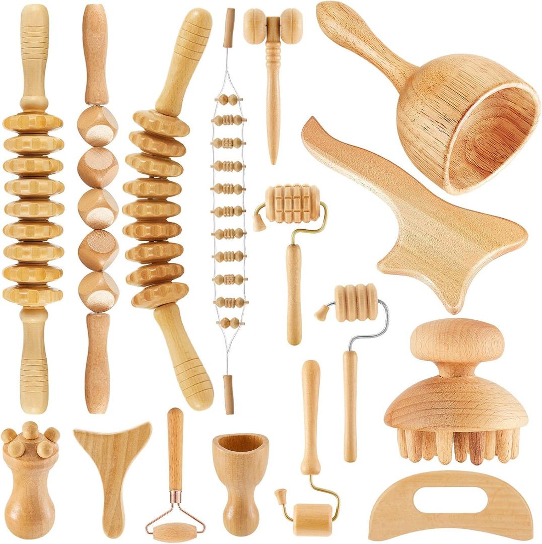 16-in-1 Wood Therapy Massage Tools Set Maderoterapia Kit Therapy Tools for Body Sculpting Muscle Pain Relief Lymphatic Drainage Women Face Wood Roller Fascia Massage