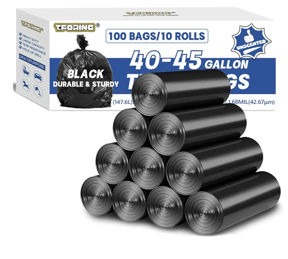 T.FORING Large 40-45 Gallon Trash Bags Heavy Duty - 1.6 Mil Thick,39''x47'' Strong Black Garbage Bags Unscented 100 Count Trash Can Liners for Construction Industrial Yard Outdoor Commercial