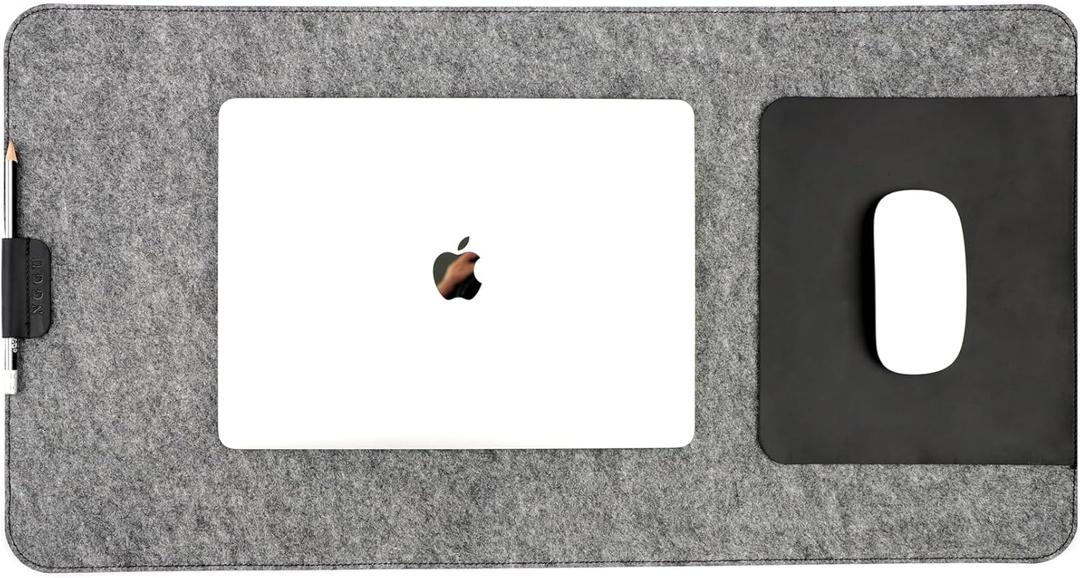 Extended Desk Mat  Large Felt & Leather Desk Protector with Pen Holder, Cable Organizer, and Smooth Mouse Area for Office Use