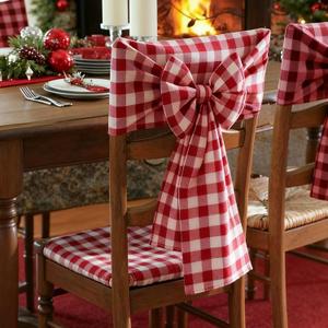 Newwiee 4 Pcs Christmas Bow Chair Back Covers Buffalo Plaid Bow Chair Cover Christmas Dining Seat Back Protector Slipcovers for Xmas Party Banquet Holiday Kitchen Decoration (White, Red)