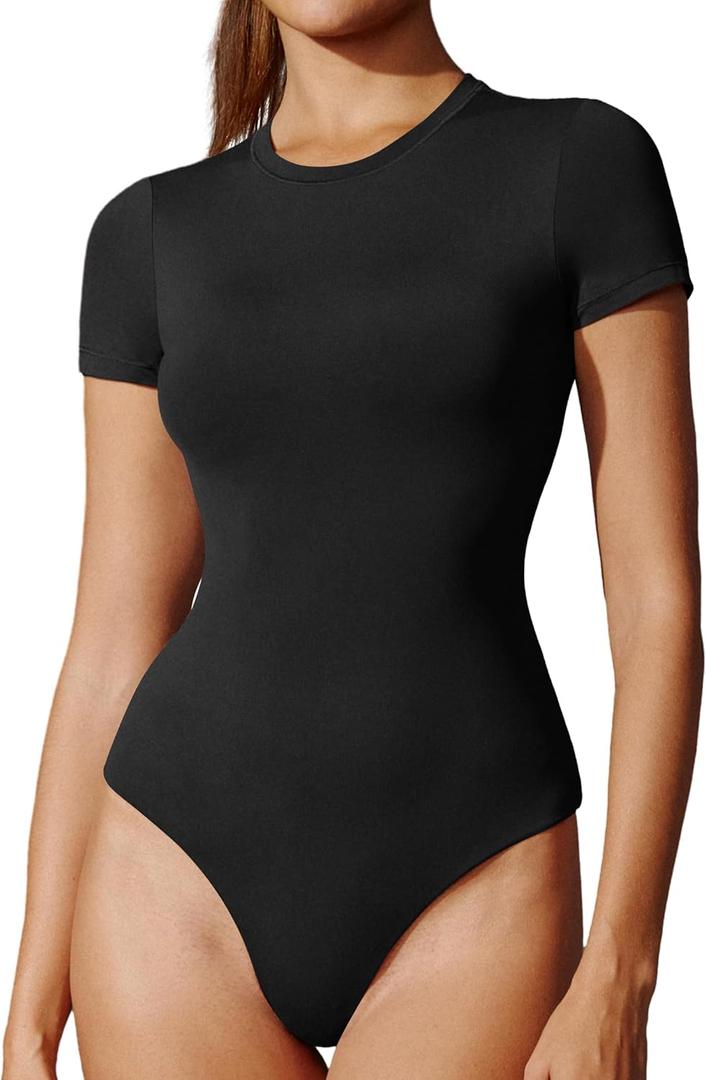 IUGA Bodysuits for Women Tummy Control Crew Neck Short Sleeve Body suits Basic Bodysuit T shirt Tops (X-Large, Black)