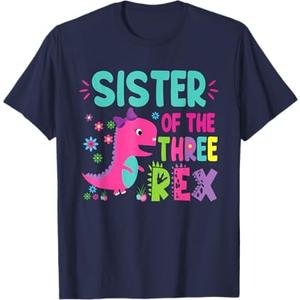 Sister of the Three Rex Birthday Dinosaur Family Matching T-Shirt Navy Blue