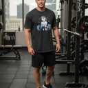 Washed Gym Shirt with Weightlifting Unicorn Design, Fitness Apparel for Men, Casual Athleisure Wear (Black, L)