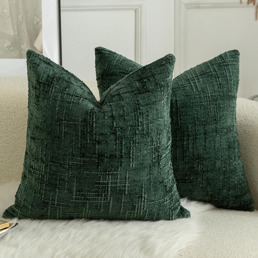 MANDIOO Pack of 2 Soft Chenille Textured Throw Pillow Covers Square Accent Solid Decorative Cushion Cover Cozy Farmhouse Pillow Case for Couch Sofa Bed Living Room 16x16 Inch Dark Green