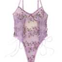 Lilosy Plus Size Women Sexy Lace Up Floral Embroidered Teddy Babydoll Lingerie Bodysuit Top Mesh Sheer One Piece See Through Butterfly Light Purple 3X-Large