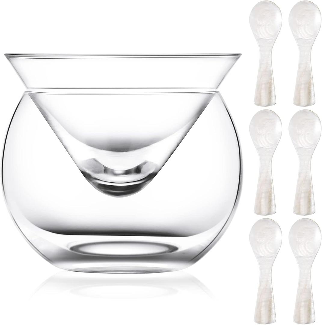 Sabary Glass Caviar Chiller Server Set Plus 5 Pcs 3.2 Inch Mother of Pearl Round Handle Spoons Caviar Serving Set Universal Martini, Wine, Liquor Cocktail Ice Cream Chiller Dishwasher Safe