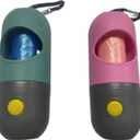 Dog Poop Bag Dispenser with LED Light, Green Plastic Capsule, Waterproof, 2 Pack with Waste Bags and Carabiner Clip (Pink Cyan)