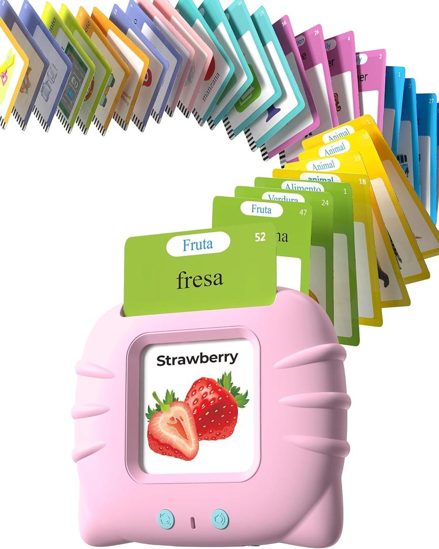 Bilingual Pink Spanish and English Talking Flash Cards, Pocket Speech Therapy Tools with 510 Words, Montessori Language Learning Aids, Children's Sensory Learning Kits