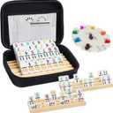 Mexican Train Dominoes Set with Numbers and 4 Wooden Trays/Racks, Double 12 Dominos Travel Set with 4 Tiles Holders, 91 Tiles Double 12 Colored Dominoes Game Set with Portable Case for Families Kids