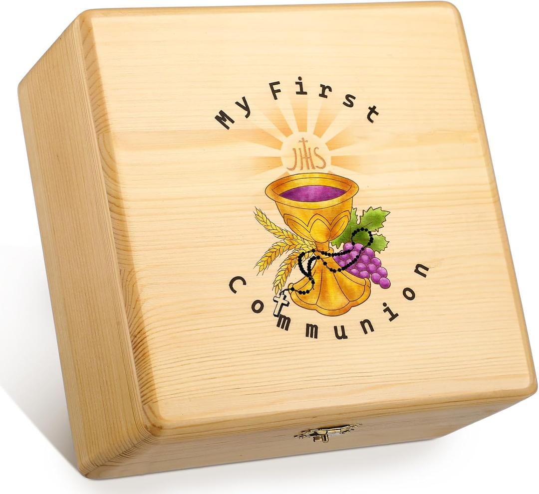 Wonderjune First Communion Wooden Keepsake Box First Holy Communion Gift Cross Rosary Jewelry Box Baptism Gift Memory Storage Box(7.7 x 7.7 x 4 Inches)