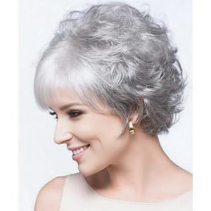 SEVENCOLORS Short Gray Wigs for White Women Natural Curly Silver Pixie Cut Wigs with Bangs Synthetic Hair Grey Wig for Older White Women