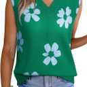 EVALESS Sweater Vest Women Fall Clothes Casual V Neck Cap Sleeve Knit Sweaters Floral Print Vest Tops School Outfits (Large, Green)