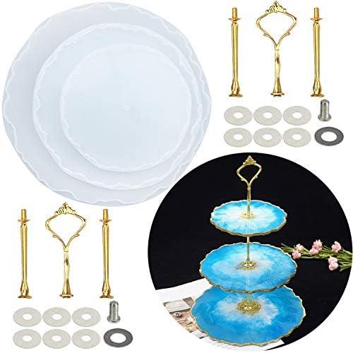 9PCS Resin Molds Includes 3 Tier Cake Stand Resin Molds with 6PCS Hardware Fittings, Silicone Resin Tray Molds for Making Cupcake Serving Stand