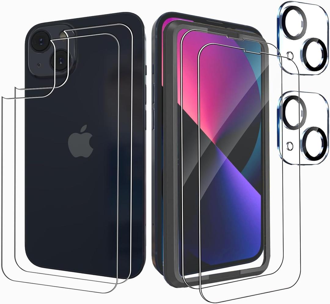 2 Front + 2 Back Screen Protector for iPhone 13 (6.1") +2 Camera Lens Protector, 9H Hardness Tempered Glass, With Installation Frame, Case friendly for iPhone 13 (Transparent)