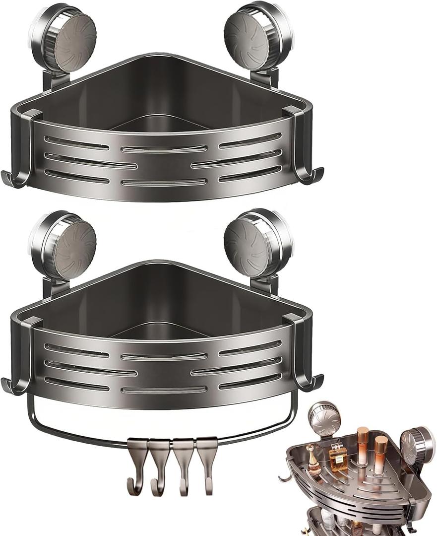 2-Tier Suction Cup Shower Caddy,No Drilling Required,Shower Suction Shelf,For Kitchen, Bathroom,Storage Rack With 8 Hooks And 1 Towel Bar Gray