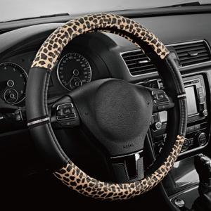 Road Comforts Leopard Steering Wheel Cover for Women, Cute Anti-Slip Microfiber Leather, Universal Fit 14.5-15 Inch Round Steering Wheel - Black
