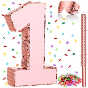 Honoson Number Rose Gold Piata with Stick Blindfold Confetti, Princess Piata for Birthday Party Anniversary Celebration Decorations Supplies, 16 x 11 x 3 Inches(Number 1)