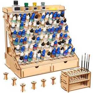 CACEJO Paint Organizer with Brush Holder – 105-Bottle Holder with 6 Miniature Stands – Brush and Paint Storage for Miniature Painting