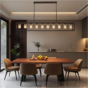 Farmhouse Dining Room Light Fixture Kitchen Island Pendant Lighting Rectangle Black Dining Room Lighting Fixture Modern Pendant Contemporary Chandeliers with Glass Shade Adjustable (10 Light)