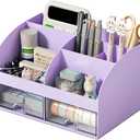 COMFYROOM Desk Organizer with 6 Compartments and 2 Drawers, Plastic Makeup Organizer, Pen Holder for Desktop Storage, Desk Organization for School, Home, Office Supplies (Purple)