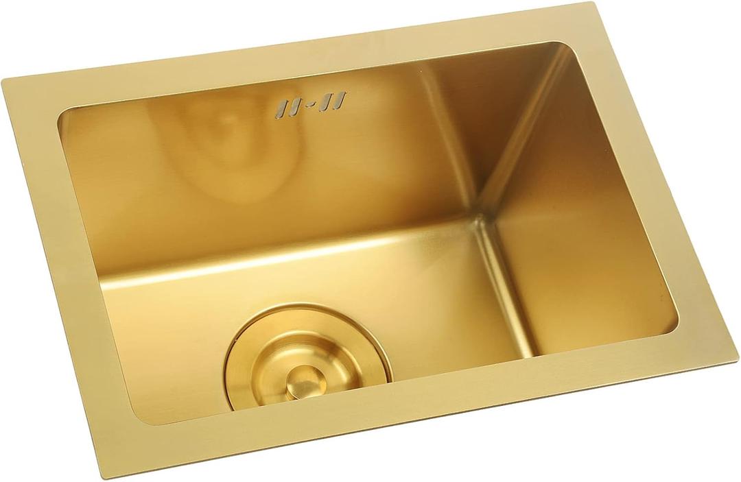 Gold Bar Prep Sink Mini Trumpet Kitchen Essential Sink 15 x10 Inch Rectangular Stainless Steel RV Utility Sink with Golden Drain Strainer Stopper, Single Bowl Undermount or Drop-In