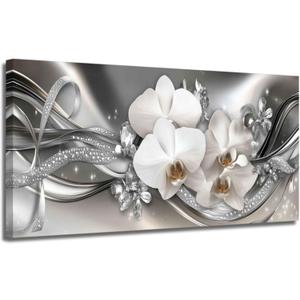 XLMDYYSW Large Orchid Canvas Wall Art White Orchid Flowers Pictures Abstract Floral Print Poster Vintage Botany Painting for Living Room Bathroom Decor Framed (Grey, 12L x 24W)