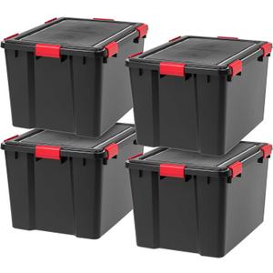 IRIS USA WeatherPro 74 Qt Storage Bins with Lids, 4 Pack, BPA-Free Plastic Gasket Box with Tight Latch and Seal, Stackable Nestable Tote Tub - Black/Red
