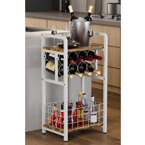 Ansionsol 3Tier Wine Rack Freestanding Floor with Wood Top, Liquor Stand with Wine Bottle Holder, Corner Wine Bar Table for Small Space, Metal Whiskey Shlef for Kitchen, Cellar, Living Room, White
