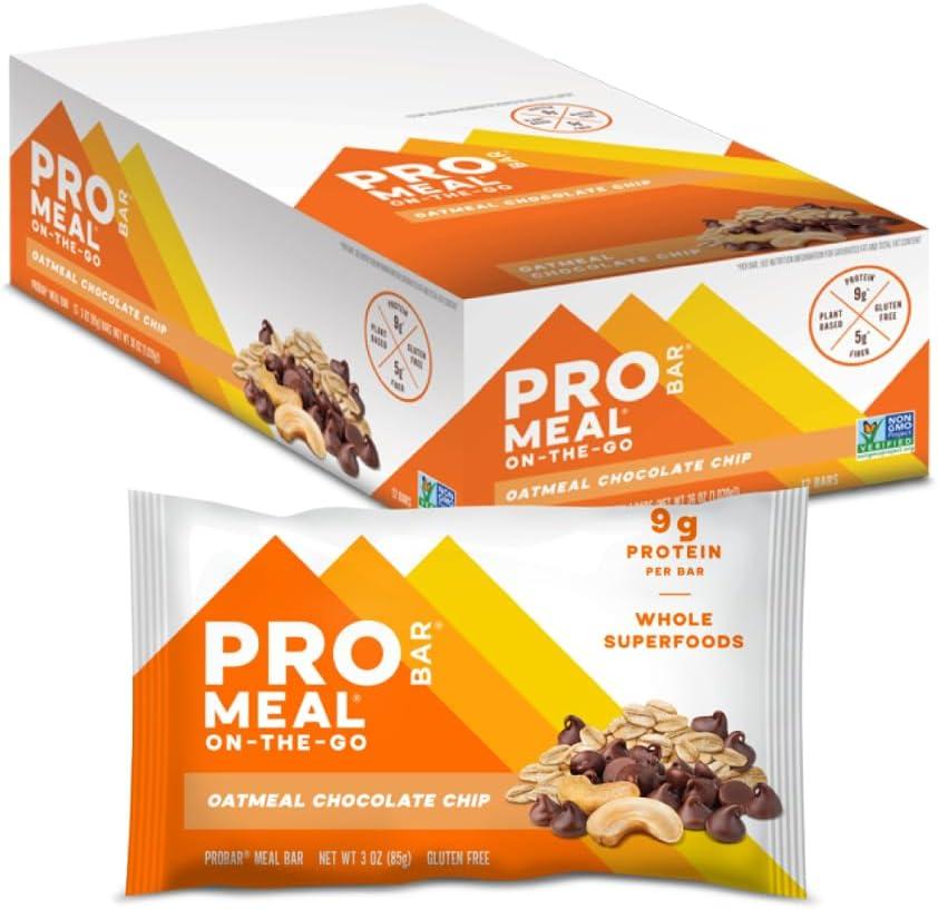 PROBAR MEAL Bar Plant Based Meal Replacement Bar with Whole Food Ingredients, Oats, Nuts & Seeds, Vegan, Gluten Free, Non-GMO Nutrition Bar for Breakfast, Travel & On-the-Go Energy (Oatmeal Chocolate Chip, 12 Count) (EXP 05/13/27)