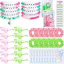 Flutesan 70 Pcs Witch Party Favors Pink and Green Heart Shaped Glasses Witch Theme Friendship Bracelets Pink and Green Hair Scrunchies with Thank You Stickers Laser Storage Bag for Wizard Fans Party