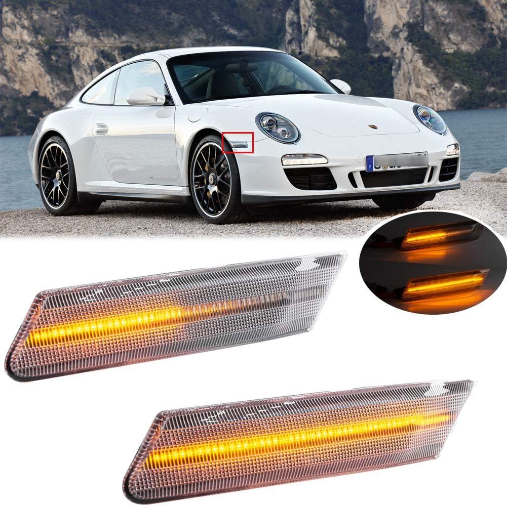 2Pcs LED Dynamic Sequential Blink Side Marker Lamp Light Kit for Porsche Carrera 2005-2013 for Boxster 987 2005-2012 Cayman 2006-2012 Clear Lens Amber LED Front Turn Signal Side Marker Lights