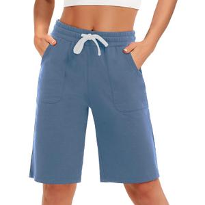 SPECIALMAGIC Cotton Sweat Shorts with Pockets for Women 10" Athletic Lounge Sports Workout Bermuda Knee Shorts (Blue)